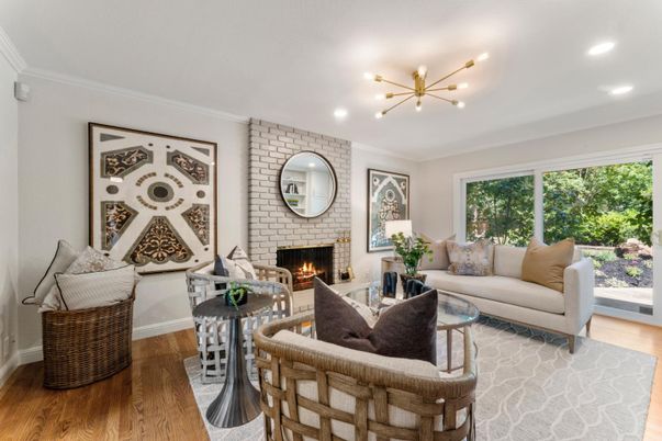 Fireplace, Interior, Living room, Pendant Lights, Recessed Lighting, Stone Walls, Wood Texture Flooring