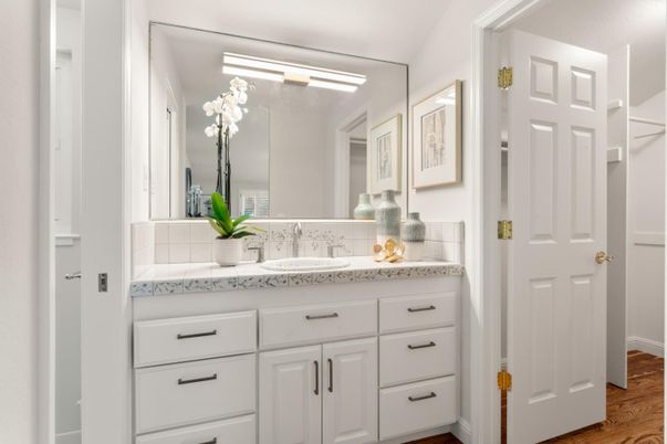 Bathroom, Interior, Tile Countertops, Wood Texture Flooring