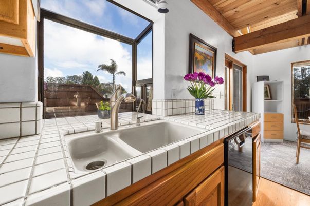 Interior, Kitchen, Tile Countertops, Wooden Beams, Wooden Ceilings, Wood Texture Flooring