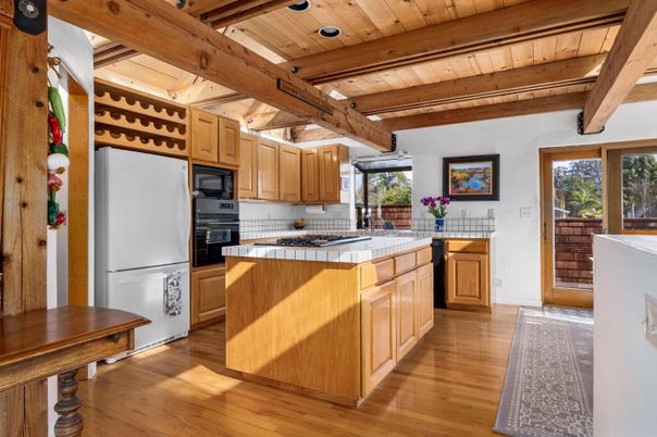 Interior, Kitchen, Tile Countertops, Wooden Beams, Wooden Ceilings, Wood Texture Flooring
