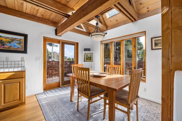 Dining room, Interior, Pendant Lights, Wooden Beams, Wooden Ceilings, Wood Texture Flooring