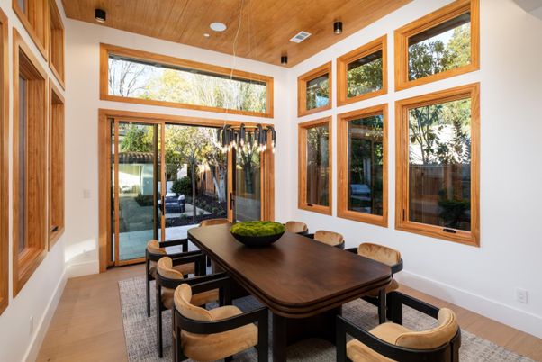 Dining room, Interior, Pendant Lights, Recessed Lighting, Wooden Ceilings, Wood Texture Flooring