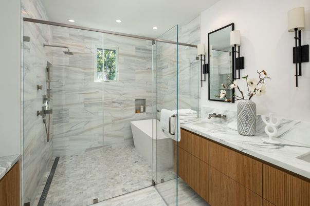 Bathroom, Dual Sink Vanities, Free Standing Baths, Glass Shower, Interior, Marble, Marble Walls, Recessed Lighting