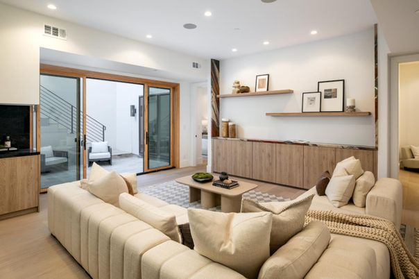 Interior, Living room, Recessed Lighting, Wood Texture Flooring