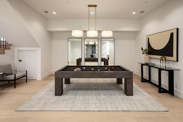 Billiard Table, Chandelier, Game Room, Interior, Pendant Lights, Recessed Lighting, Wood Texture Flooring