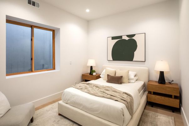 Bedroom, Interior, Recessed Lighting, Wood Texture Flooring