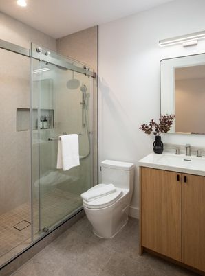 Bathroom, Glass Shower, Interior, Recessed Lighting