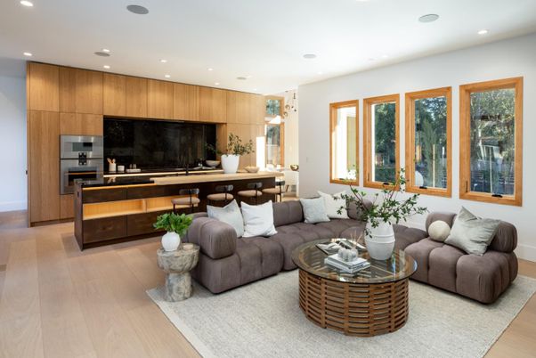 Dining room, Interior, Kitchen, Living room, Recessed Lighting, Wood Texture Flooring