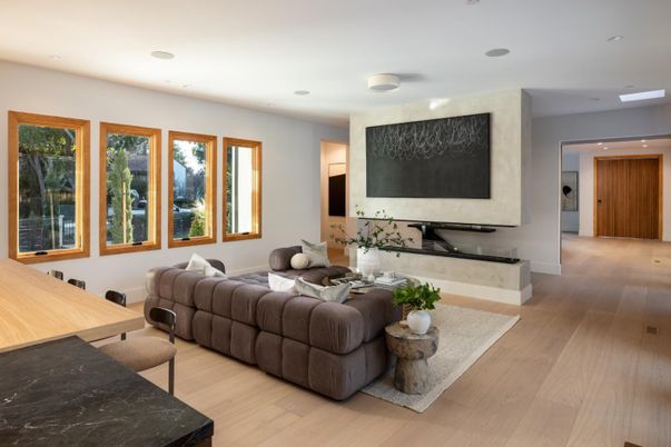 Fireplace, Interior, Living room, Recessed Lighting, Wood Texture Flooring