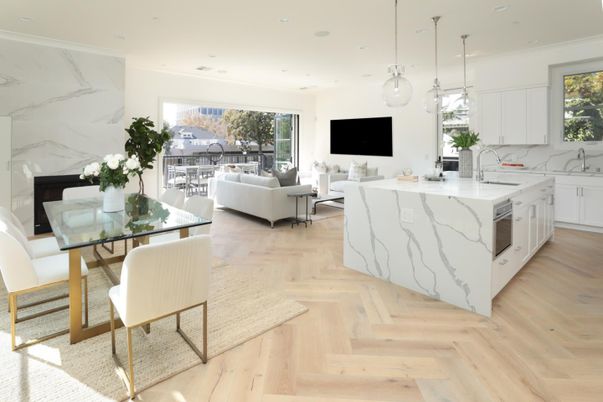 Dining room, Interior, Kitchen, Living room, Marble Walls, Pendant Lights, Recessed Lighting, Wood Texture Flooring