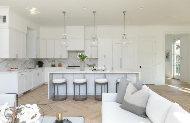Interior, Kitchen, Marble Walls, Pendant Lights, Recessed Lighting, Wood Texture Flooring
