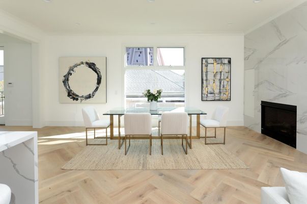 Dining room, Fireplace, Interior, Marble Walls, Recessed Lighting, Wood Texture Flooring