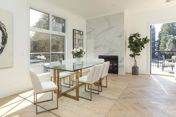 Dining room, Fireplace, Interior, Marble Walls, Recessed Lighting, Wood Texture Flooring