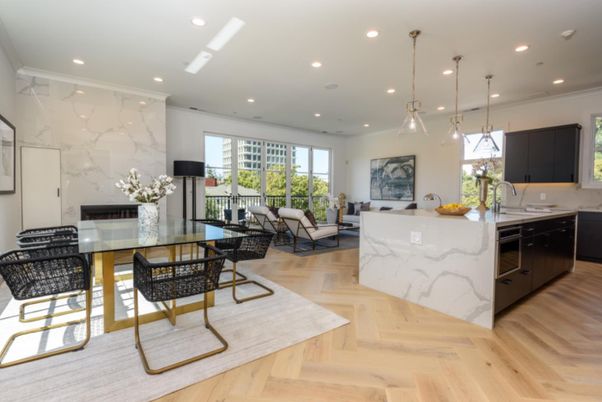 Dining room, Interior, Kitchen, Living room, Marble Walls, Pendant Lights, Recessed Lighting, Wood Texture Flooring