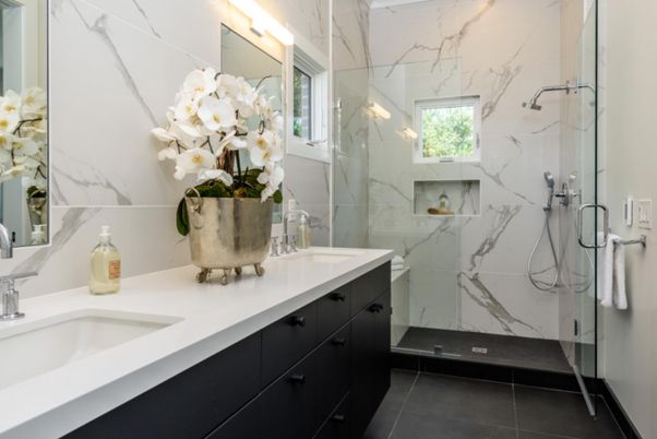 Bathroom, Dual Sink Vanities, Glass Shower, Interior, Marble Walls