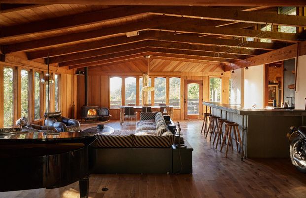 Dining room, Interior, Pendant Lights, Piano, Wooden Beams, Wooden Ceilings, Wood Texture Flooring, Wooden Walls