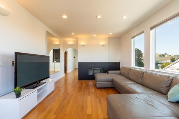 Fireplace, Interior, Living room, Recessed Lighting, Wood Texture Flooring