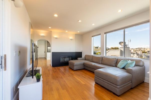 Fireplace, Interior, Living room, Recessed Lighting, Wood Texture Flooring