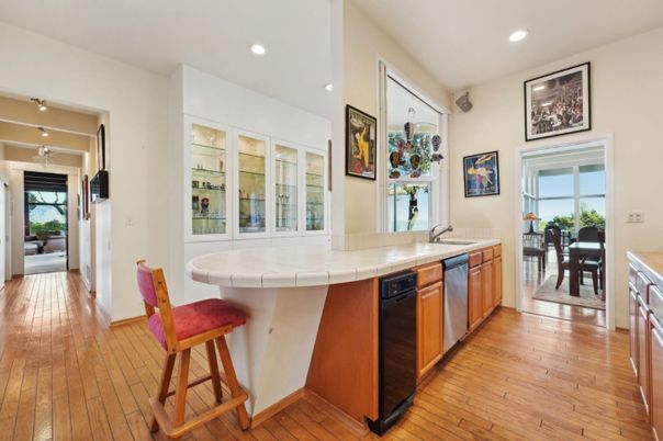 Dining room, Interior, Kitchen, Recessed Lighting, Tile Countertops, Wood Texture Flooring