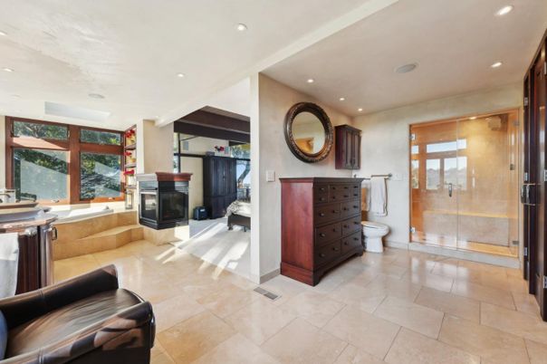 Bathroom, Fireplace, Glass Shower, Interior, Recessed Lighting