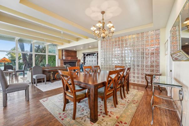 Chandelier, Dining room, Fireplace, Interior, Living room, Recessed Lighting, Wood Texture Flooring