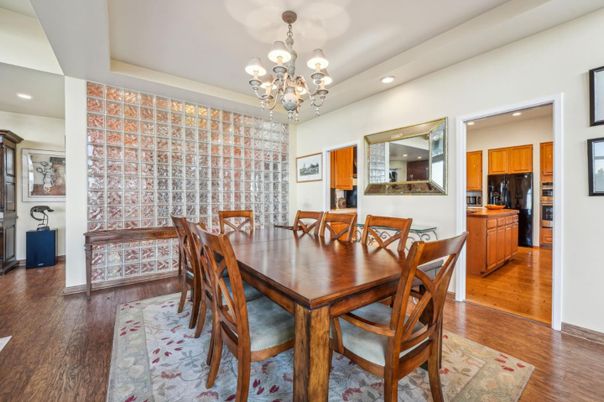 Chandelier, Dining room, Interior, Kitchen, Recessed Lighting, Wood Texture Flooring