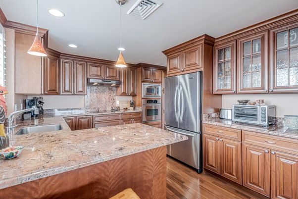 Interior, Kitchen, Pendant Lights, Recessed Lighting, Stainless Steel Appliances, Wood Texture Flooring