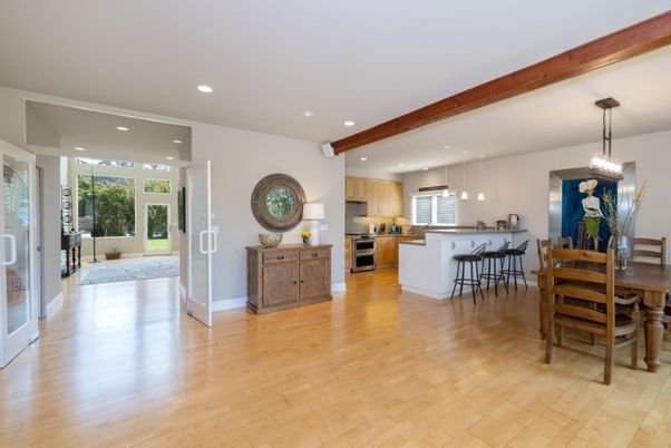 Dining room, Interior, Kitchen, Pendant Lights, Recessed Lighting, Stainless Steel Appliances, Wooden Beams, Wood Texture Flooring