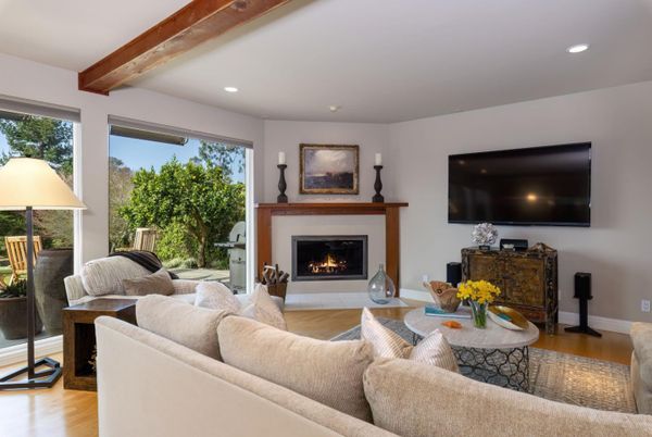 Fireplace, Interior, Living room, Recessed Lighting, Wooden Beams, Wood Texture Flooring