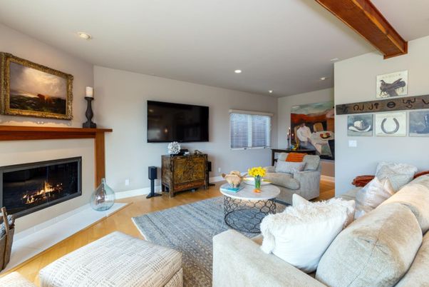 Fireplace, Interior, Living room, Recessed Lighting, Wooden Beams, Wood Texture Flooring