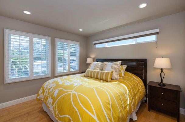 Bedroom, Interior, Recessed Lighting, Wood Texture Flooring