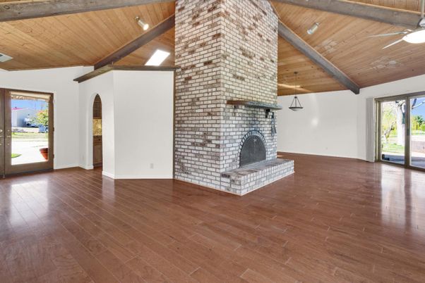 Empty room, Fireplace, Interior, Stone Walls, Wooden Beams, Wooden Ceilings, Wood Texture Flooring