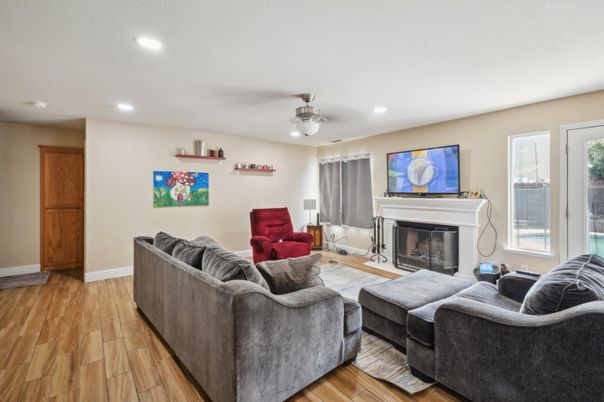 Fireplace, Interior, Living room, Recessed Lighting, Wood Texture Flooring