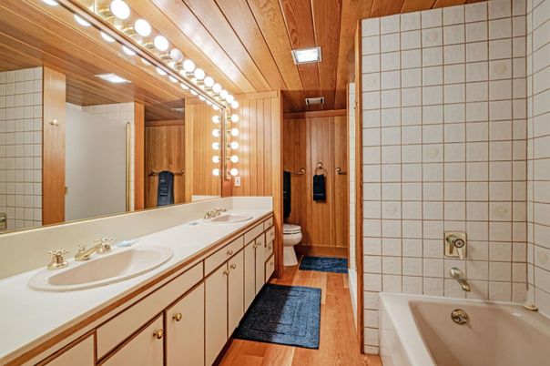 Bathroom, Dual Sink Vanities, Interior, Wooden Ceilings, Wood Texture Flooring, Wooden Walls