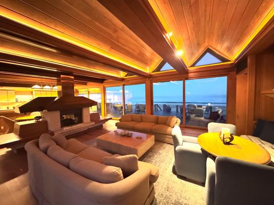 Dining room, Fireplace, Interior, Living room, Pendant Lights, Water, Wooden Ceilings