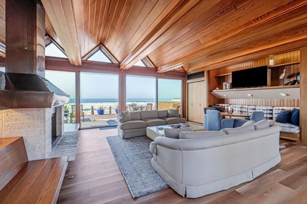 Fireplace, Interior, Living room, Water, Wooden Ceilings, Wood Texture Flooring, Wooden Walls