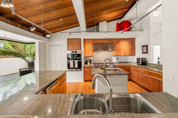 Interior, Kitchen, Pendant Lights, Stainless Steel Appliances, Wooden Beams, Wooden Ceilings, Wood Texture Flooring