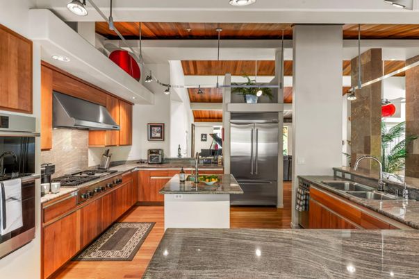 Interior, Kitchen, Pendant Lights, Recessed Lighting, Stainless Steel Appliances, Wood Texture Flooring