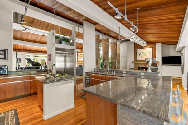 Fireplace, Interior, Kitchen, Pendant Lights, Stainless Steel Appliances, Wooden Beams, Wooden Ceilings, Wood Texture Flooring