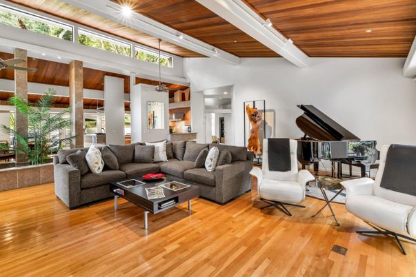 Interior, Living room, Piano, Recessed Lighting, Wooden Ceilings, Wood Texture Flooring