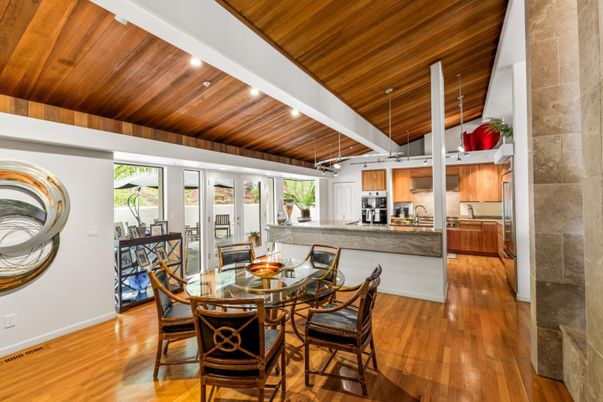 Dining room, Interior, Kitchen, Recessed Lighting, Wooden Ceilings, Wood Texture Flooring