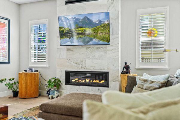 Fireplace, Interior, Living room, Marble Walls, Wood Texture Flooring