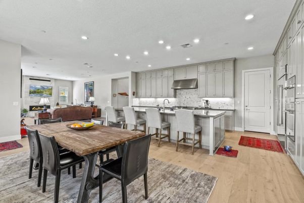 Dining room, Interior, Kitchen, Recessed Lighting, Stainless Steel Appliances, Wood Texture Flooring