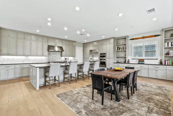 Dining room, Interior, Kitchen, Recessed Lighting, Stainless Steel Appliances, Wood Texture Flooring