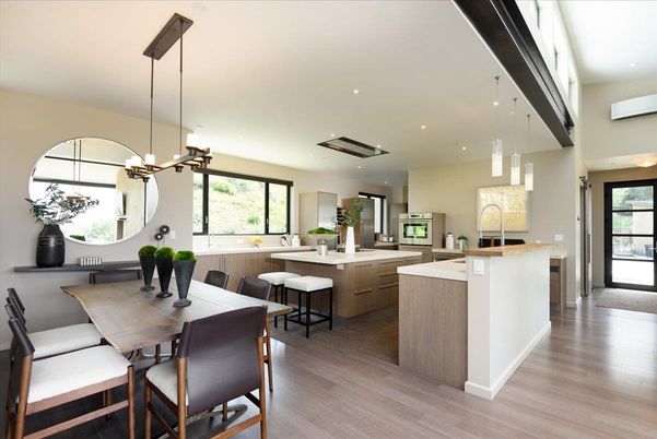Dining room, Interior, Kitchen, Pendant Lights, Recessed Lighting, Wood Texture Flooring