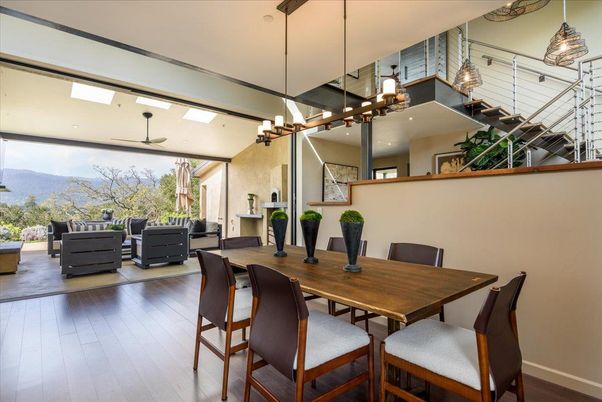 Dining room, Interior, Living room, Pendant Lights, Wood Texture Flooring