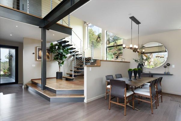 Dining room, Interior, Pendant Lights, Recessed Lighting, Wood Texture Flooring