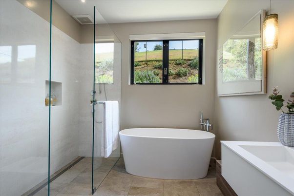Bathroom, Free Standing Baths, Glass Shower, Interior, Recessed Lighting