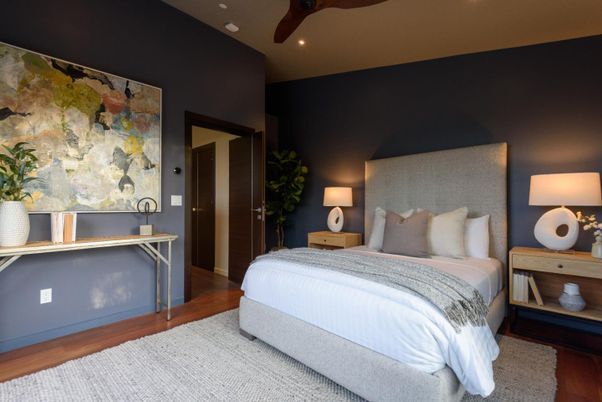 Bedroom, Interior, Recessed Lighting, Wood Texture Flooring