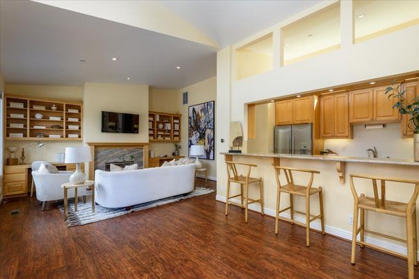 Fireplace, Interior, Kitchen, Living room, Recessed Lighting, Wood Texture Flooring